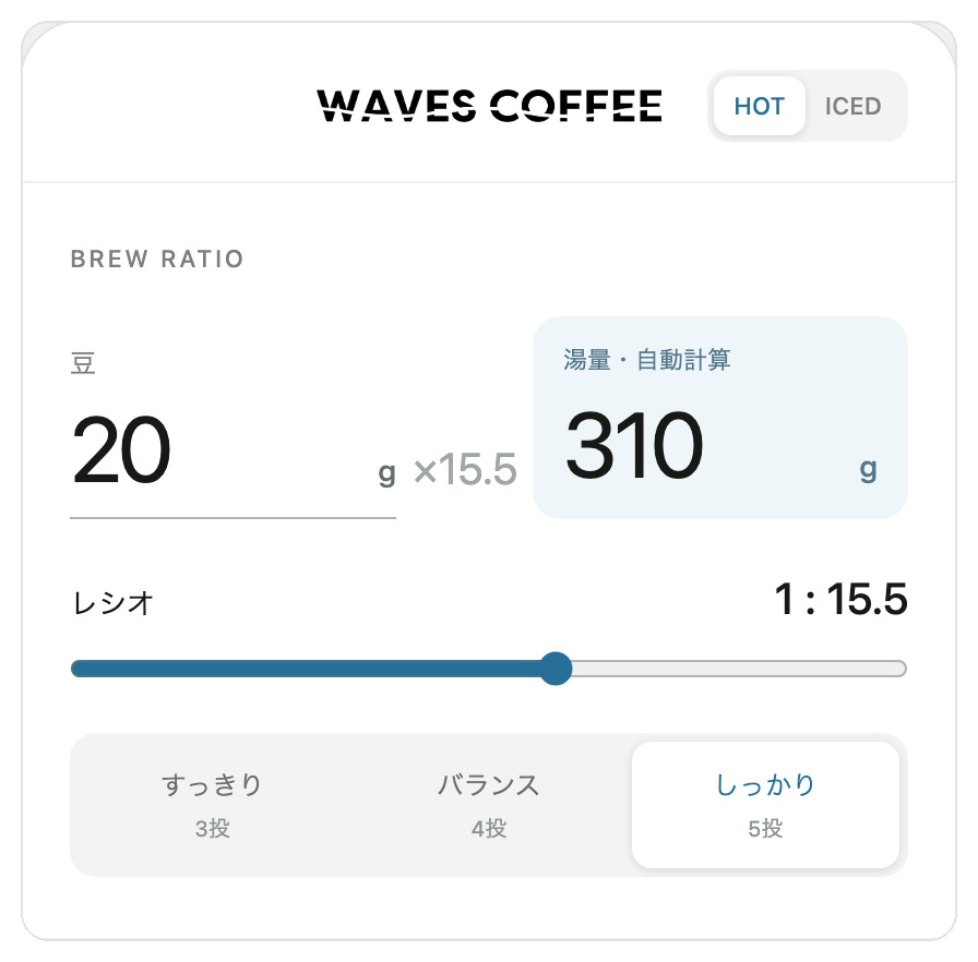 ブリューガイドの画面:豆の量を入れる